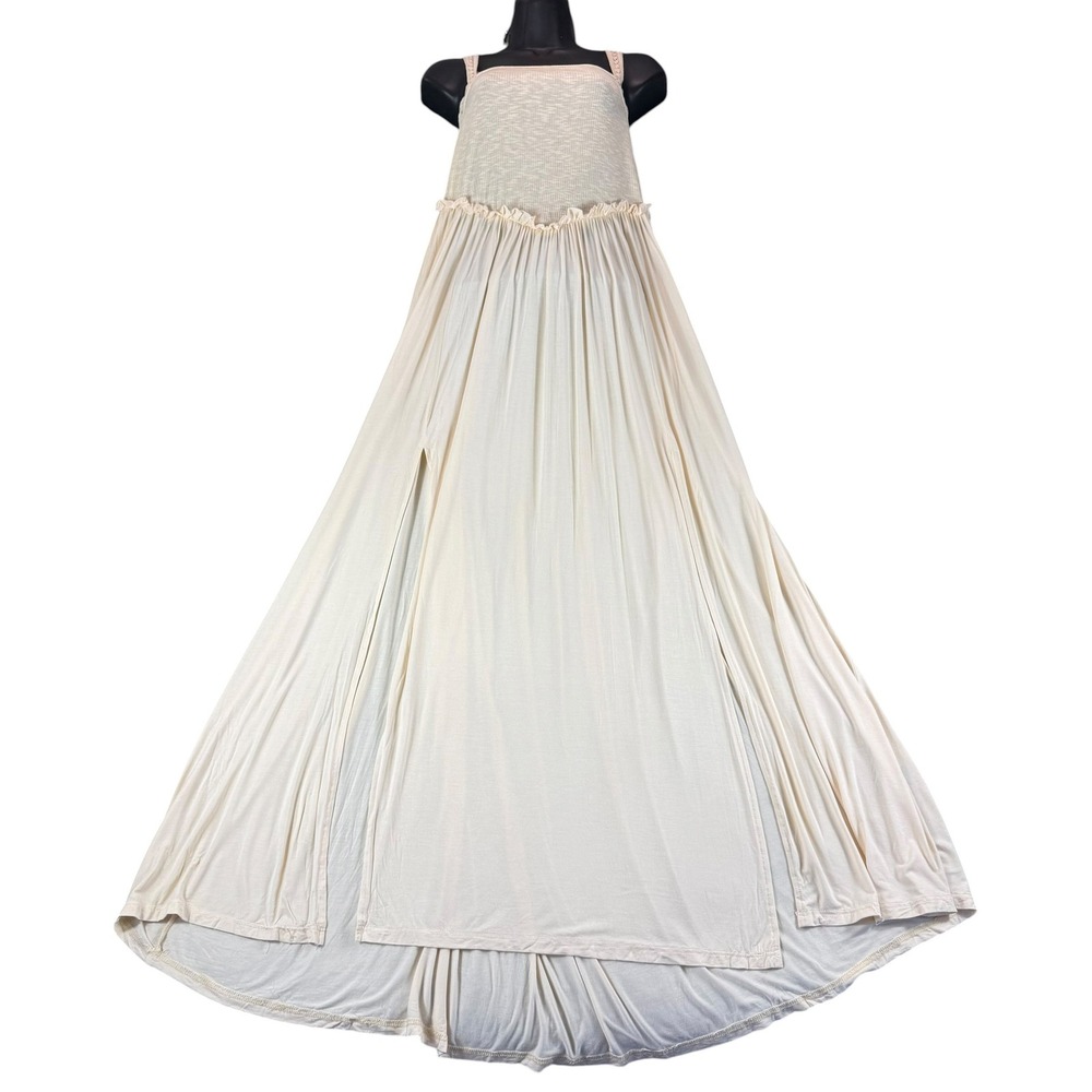 POL Cream Ribbed‎ Mixed Media Maxi Dress Crochet Lace Trim Small Boho Prairie